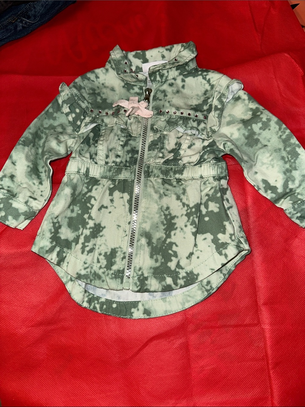Little Lass Tie-Dye Ruffle Jean Jacket with Bow Accent